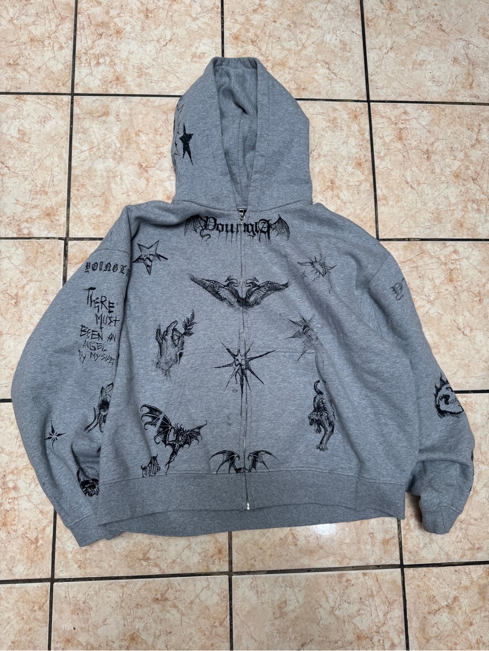 YoungLA Gray Graphic Zip-Up Hoodie with Gothic Motifs